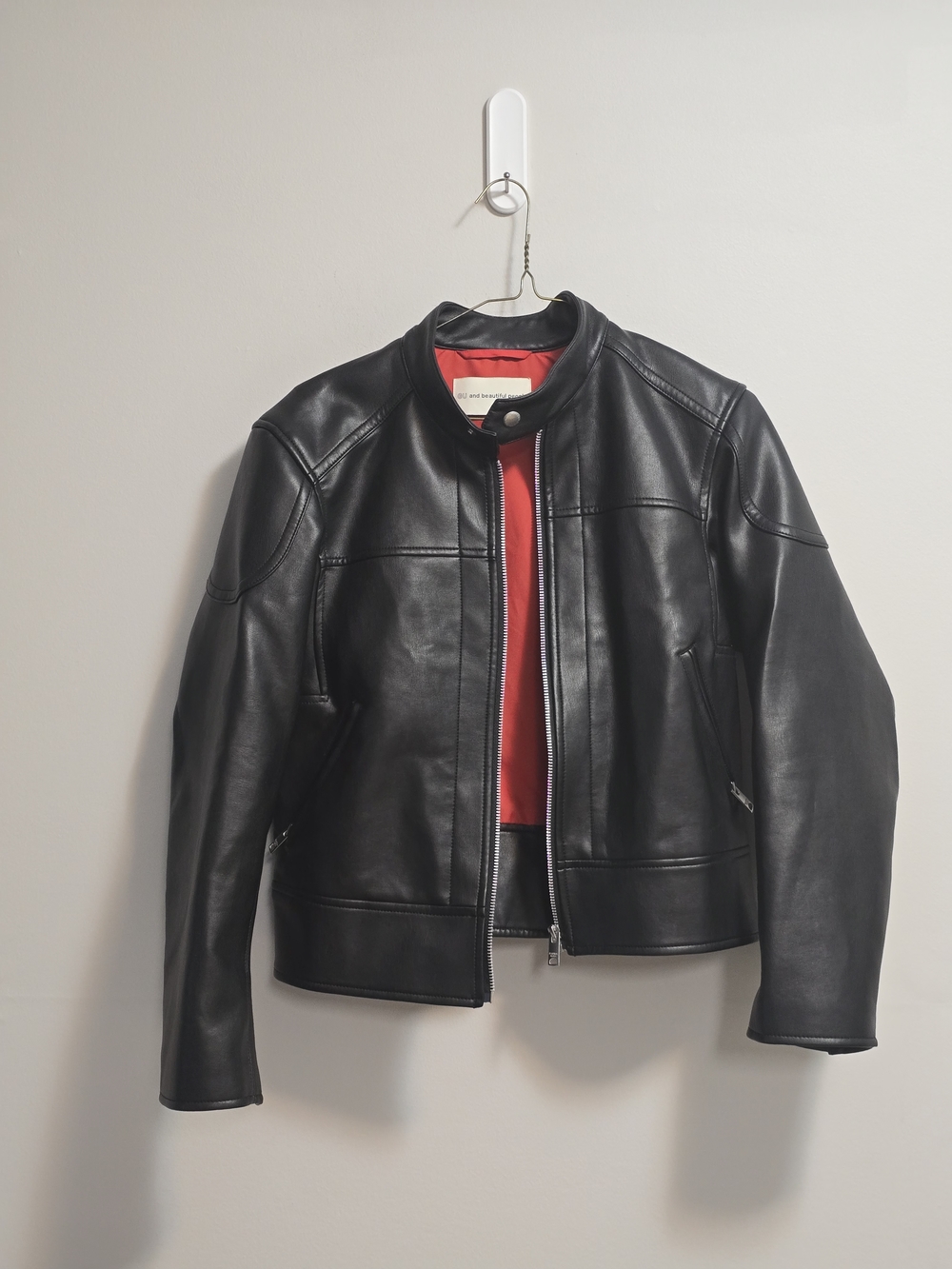 GU Black Faux Leather Jacket with Red Lining - Women’s Classic Moto